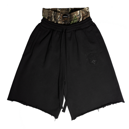 COAT OF ARMS DOUBLE WAISTED SHORTS - BLACK