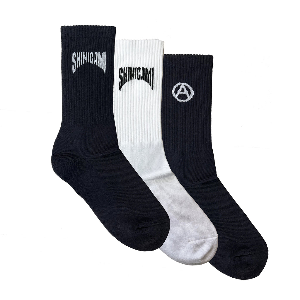Shinigami Couture pack of 3 black and white crew socks with brand logo and anarchy design