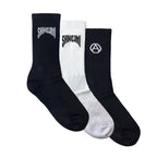 Shinigami Couture pack of 3 black and white crew socks with brand logo and anarchy design