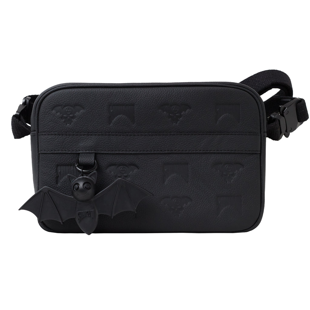 Shinigami Couture black genuine leather crossbody bag with Beep the Bat rubber keychain