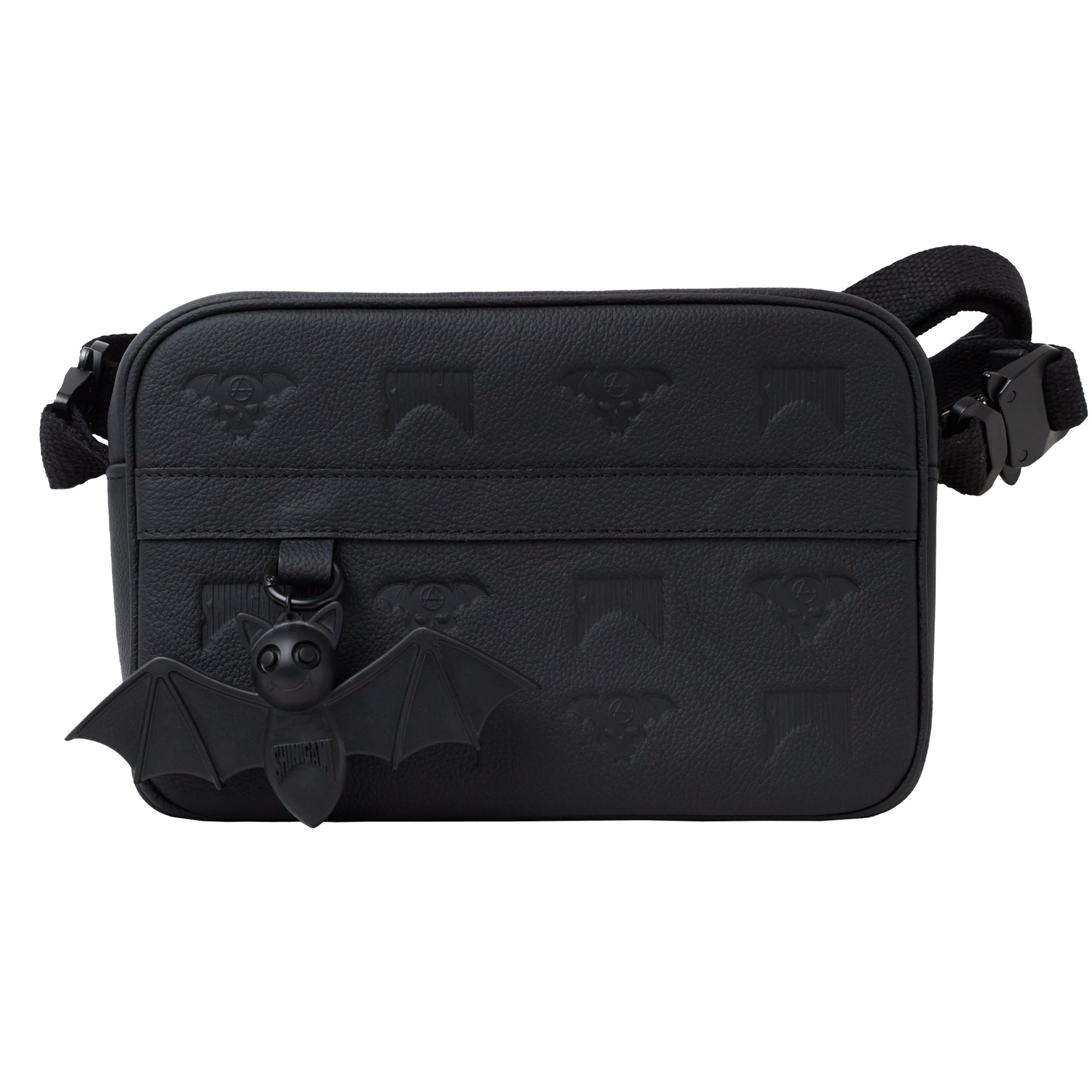 Shinigami Couture black genuine leather crossbody bag with Beep the Bat rubber keychain