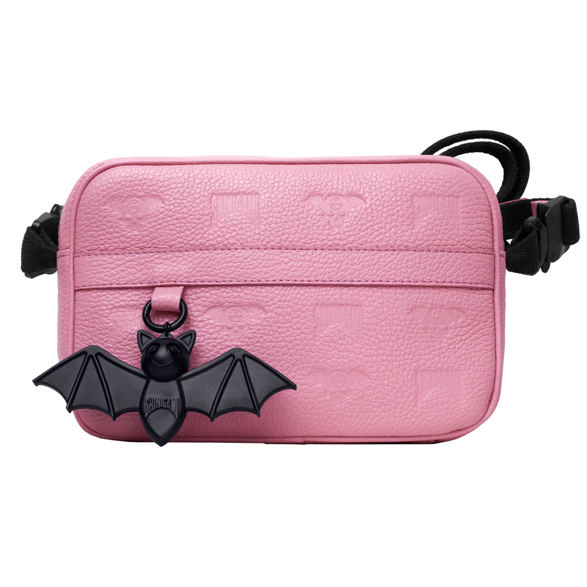 Shinigami Couture pink genuine leather crossbody bag with Beep the Bat rubber keychain