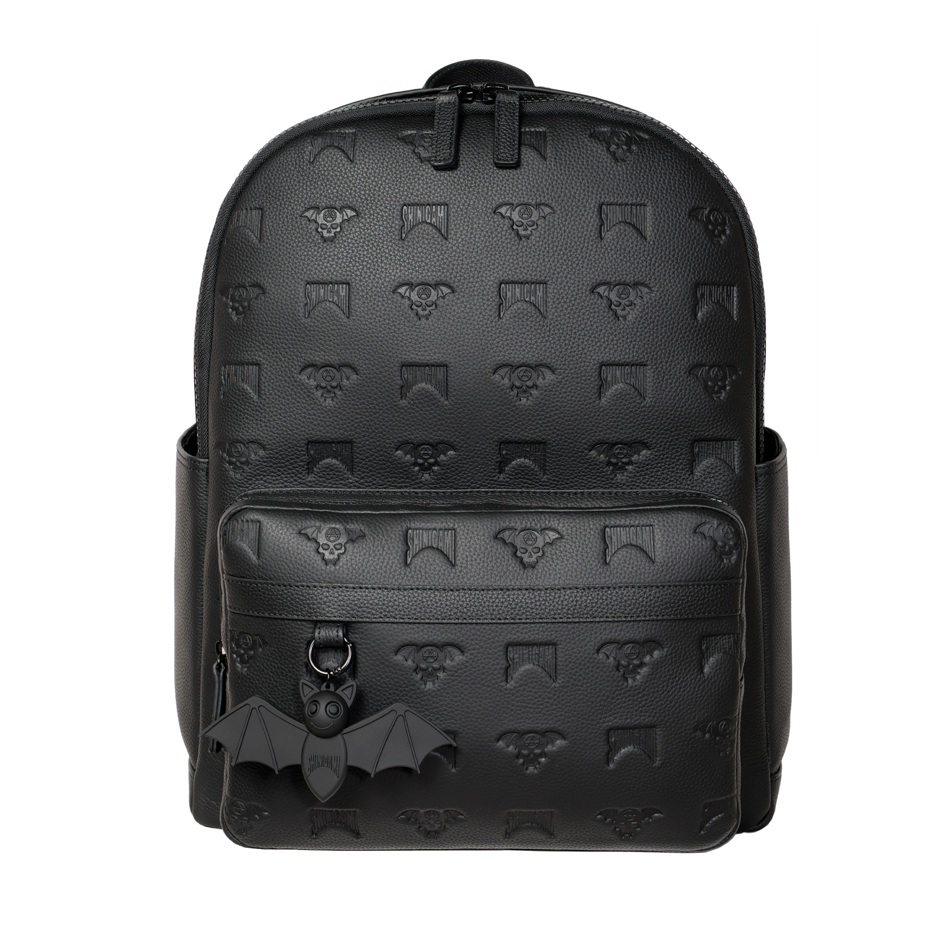 Shinigami Couture black embossed leather backpack with Beep the Bat rubber keychain