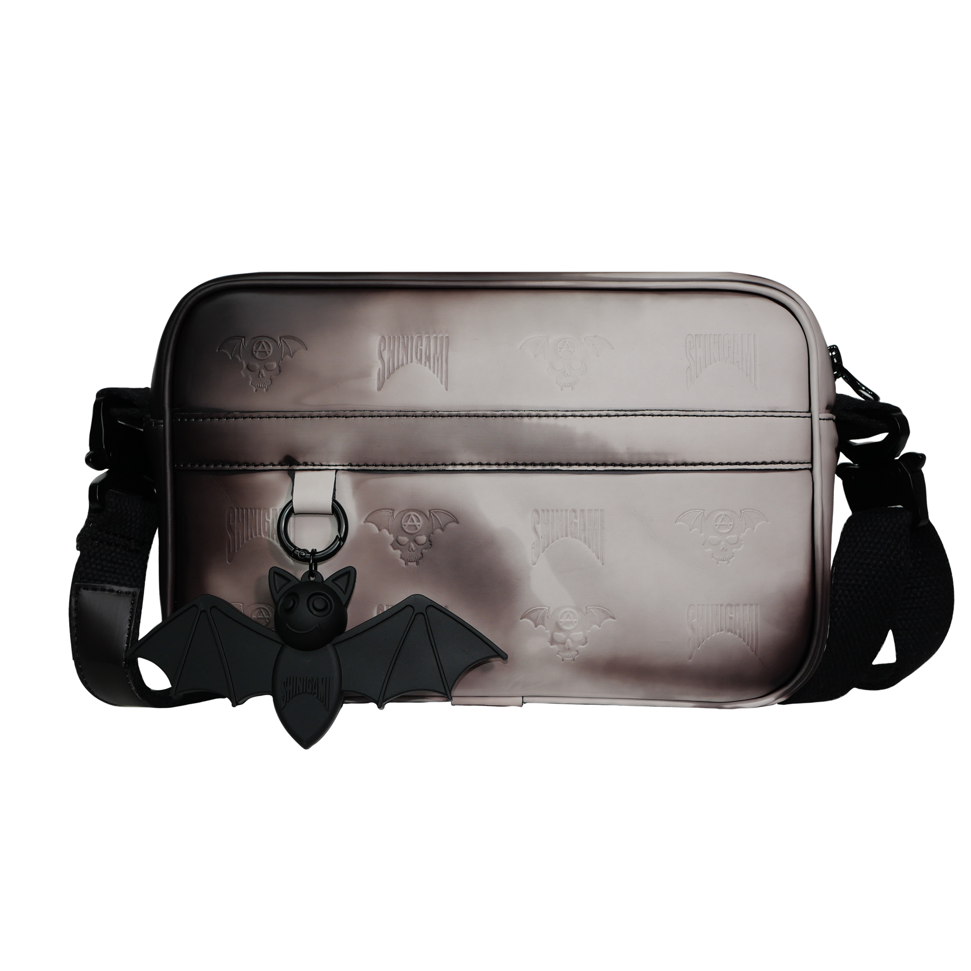 Shinigami Couture thermochromic crossbody bag in purple with Beep the Bat rubber keychain