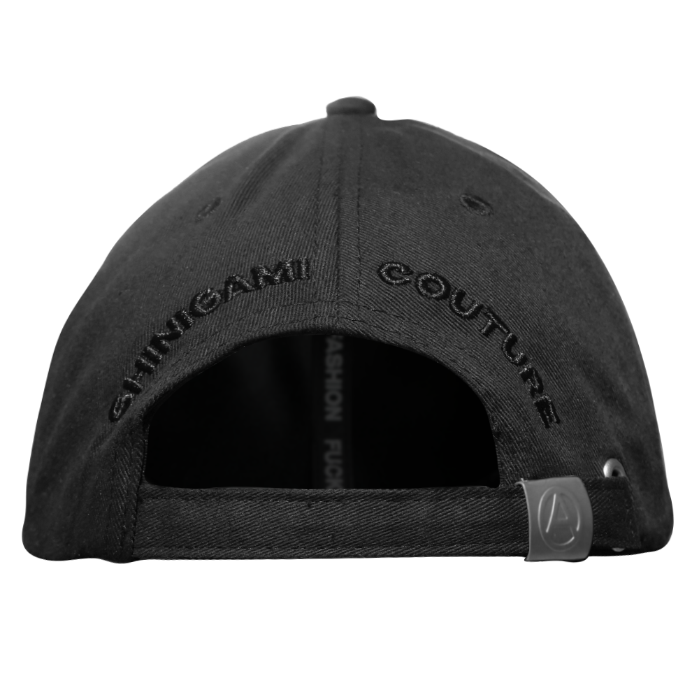 Shinigami Couture black bobby cap back view with embroidery