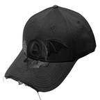 Shinigami Couture black bobby cap with front embroidery and distressed brim