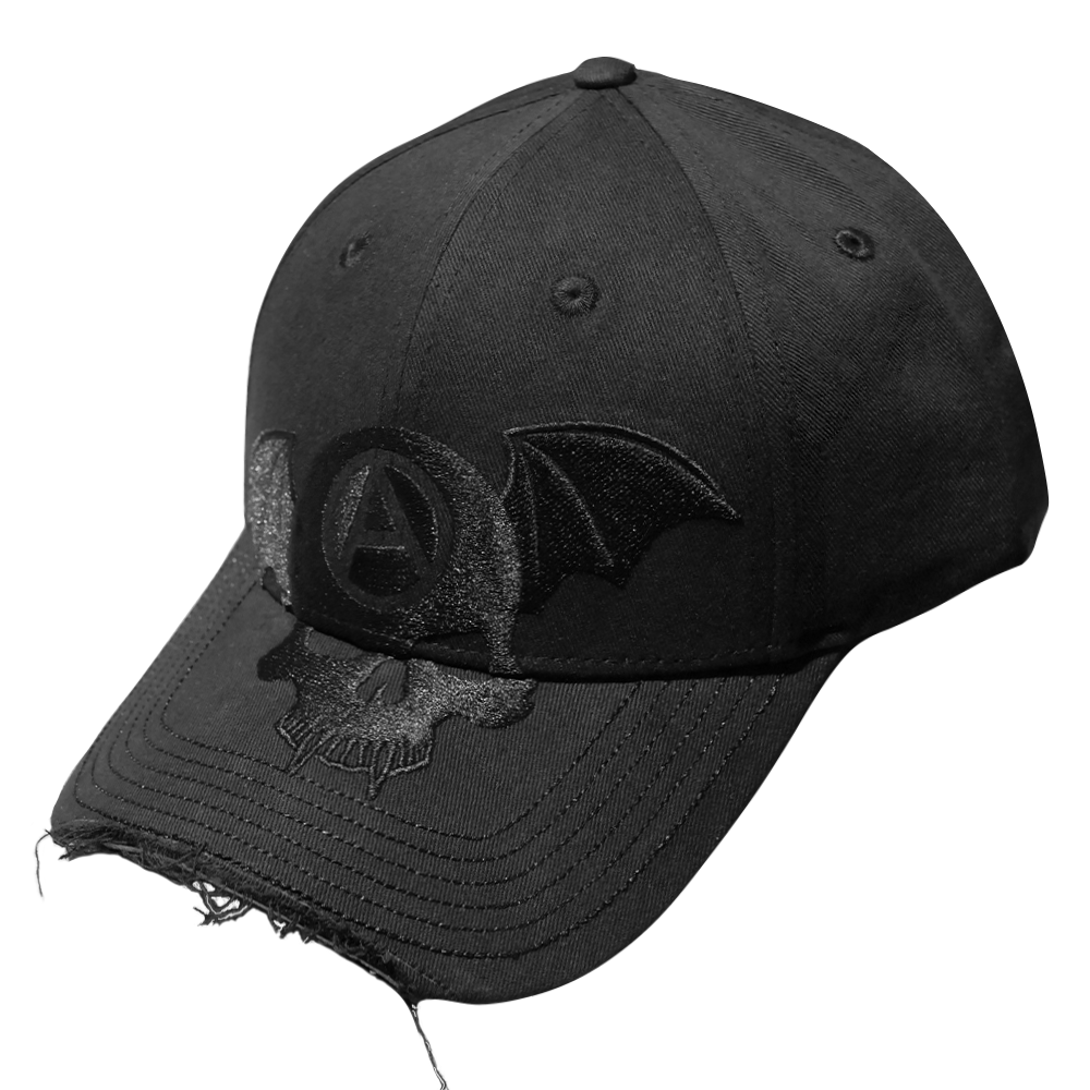 Shinigami Couture black bobby cap with front embroidery and distressed brim