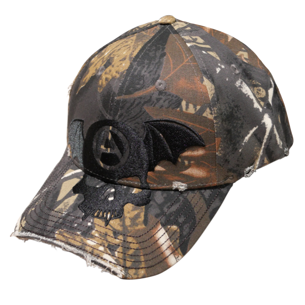 Shinigami Couture camouflage bobby cap with front embroidery and distressed brim