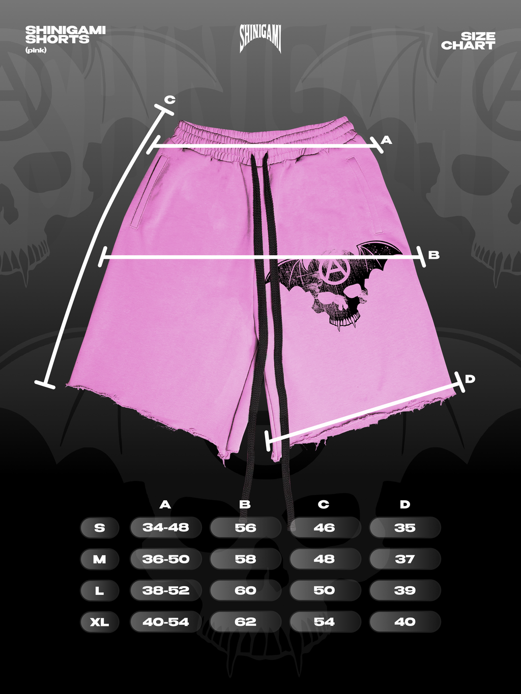Shinigami Couture pink bobby shorts size chart