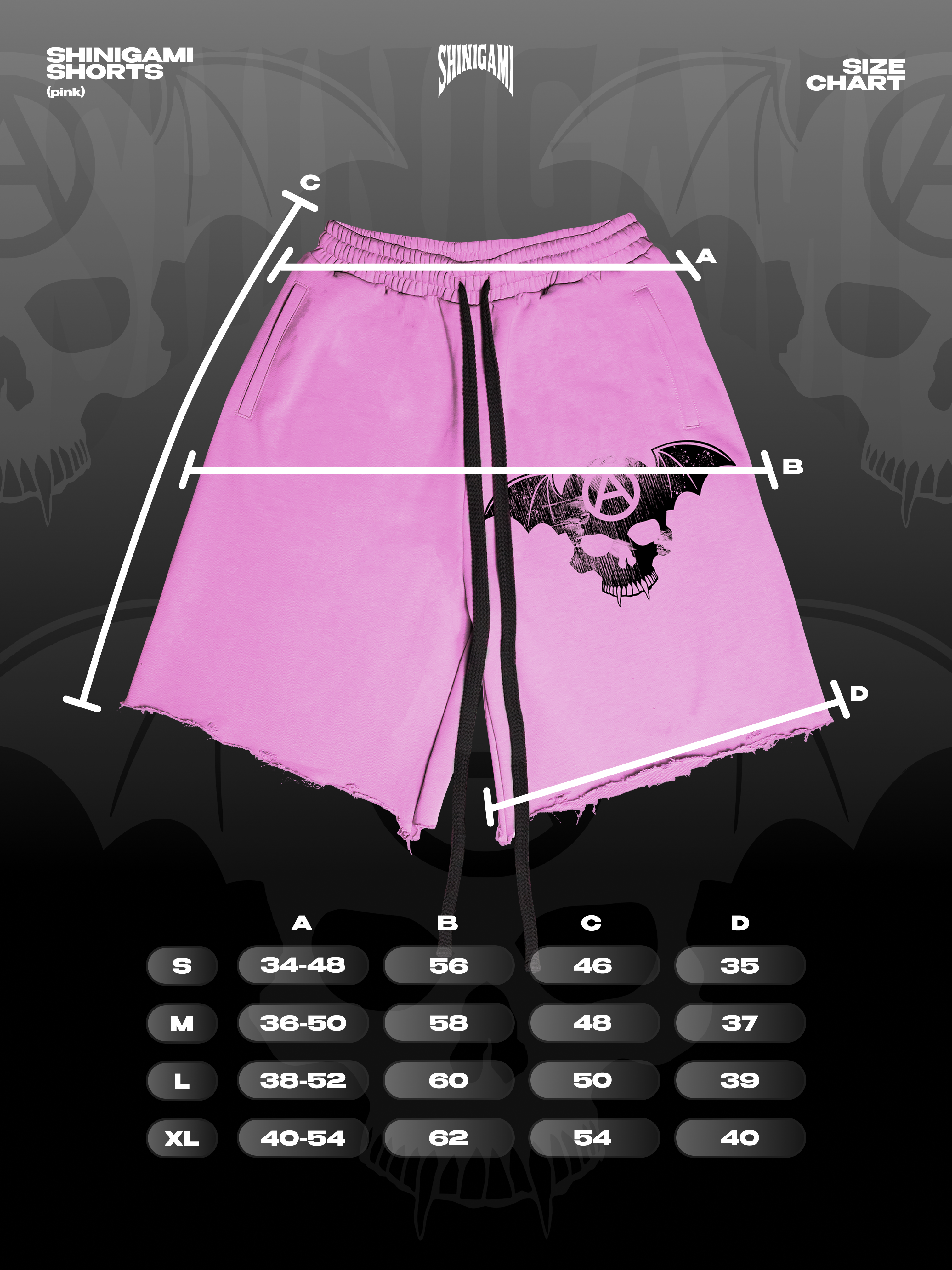 Shinigami Couture pink bobby shorts size chart