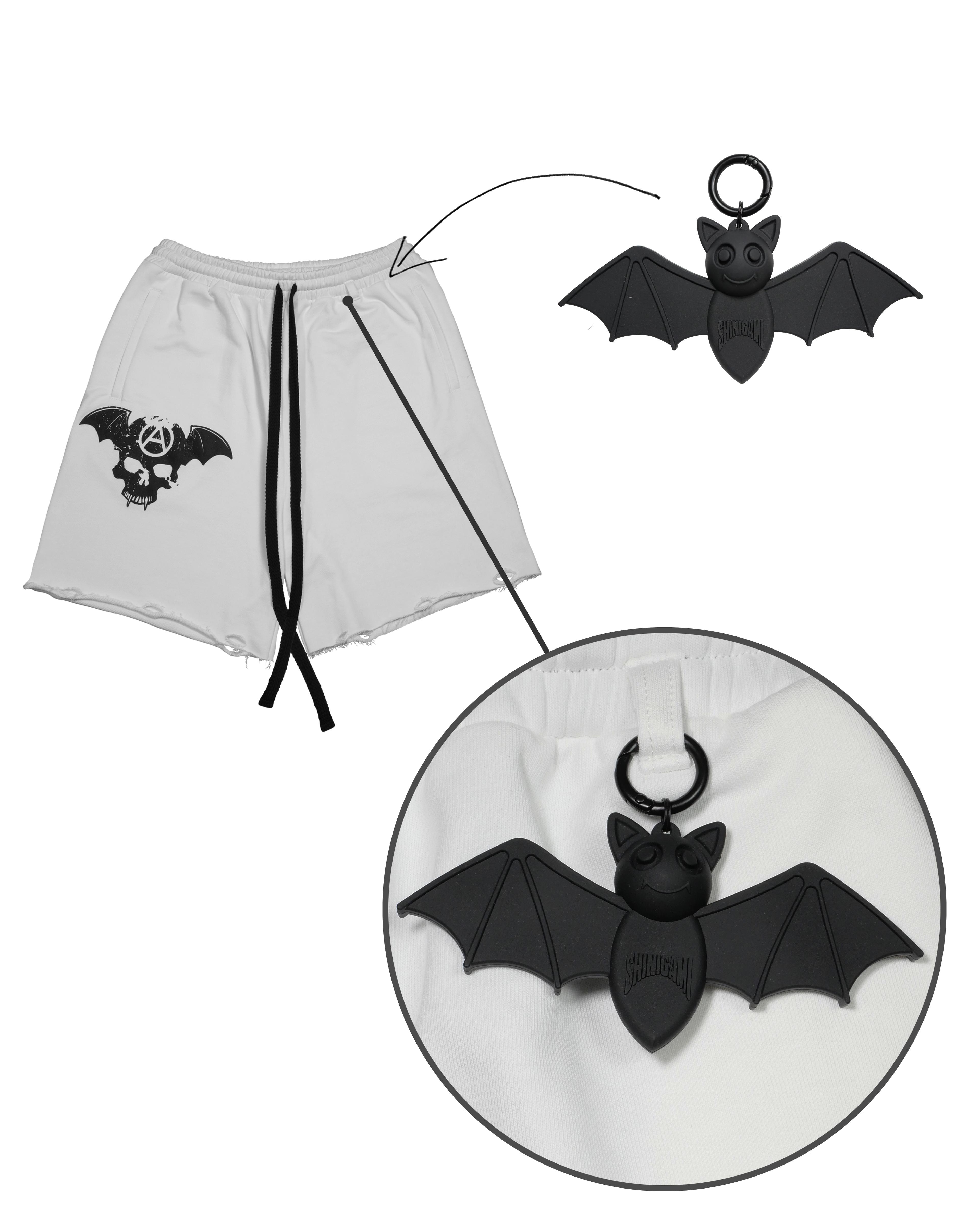 Shinigami Couture shorts with Beep the bat keychain detail