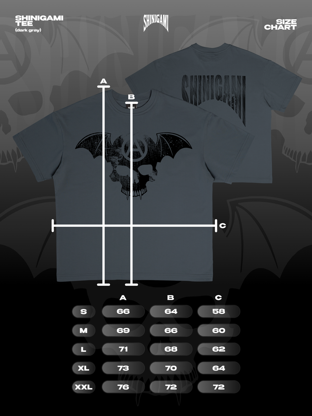 Shinigami Couture dark gray bobby tee size chart
