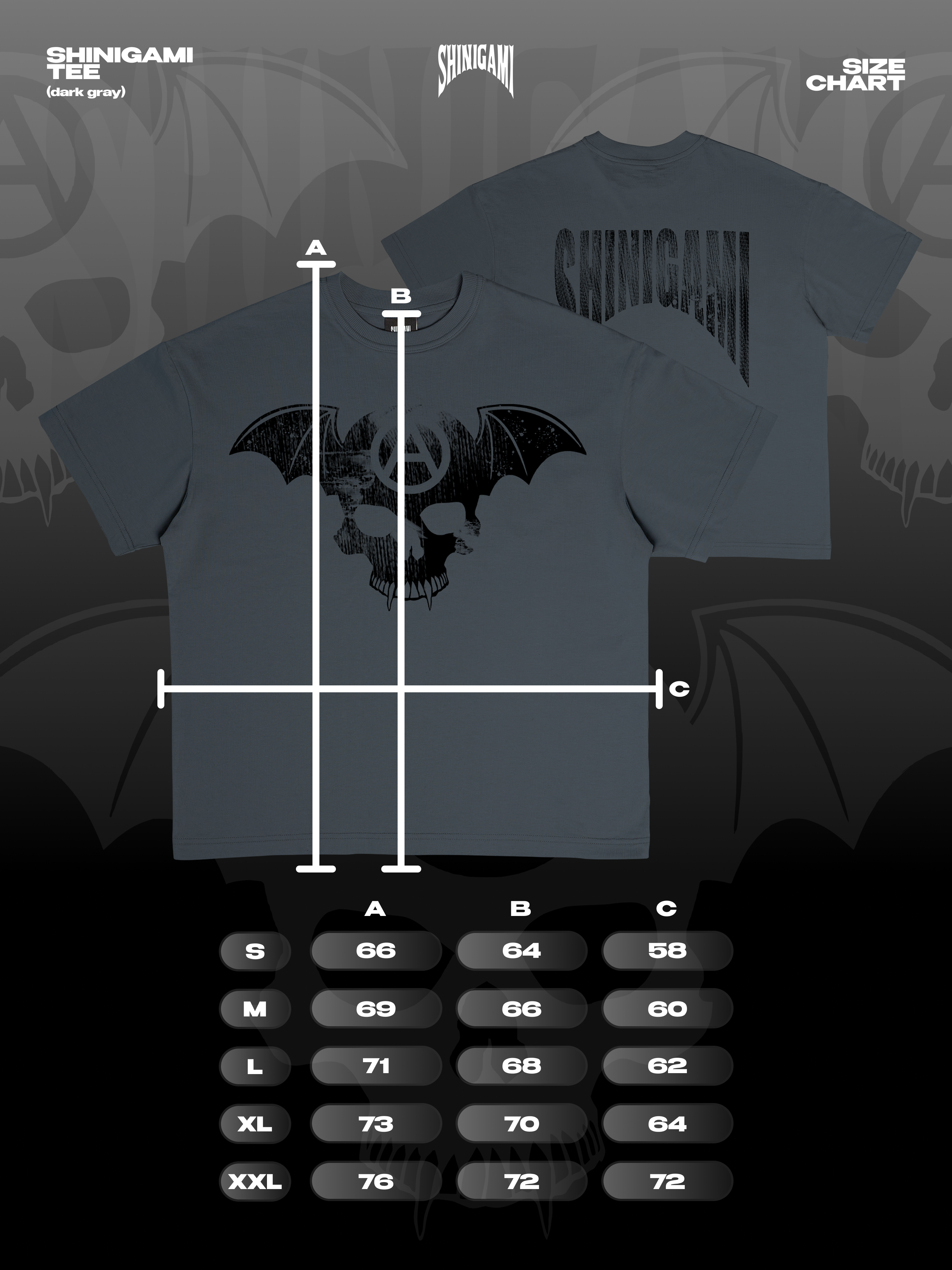 Shinigami Couture dark gray bobby tee size chart