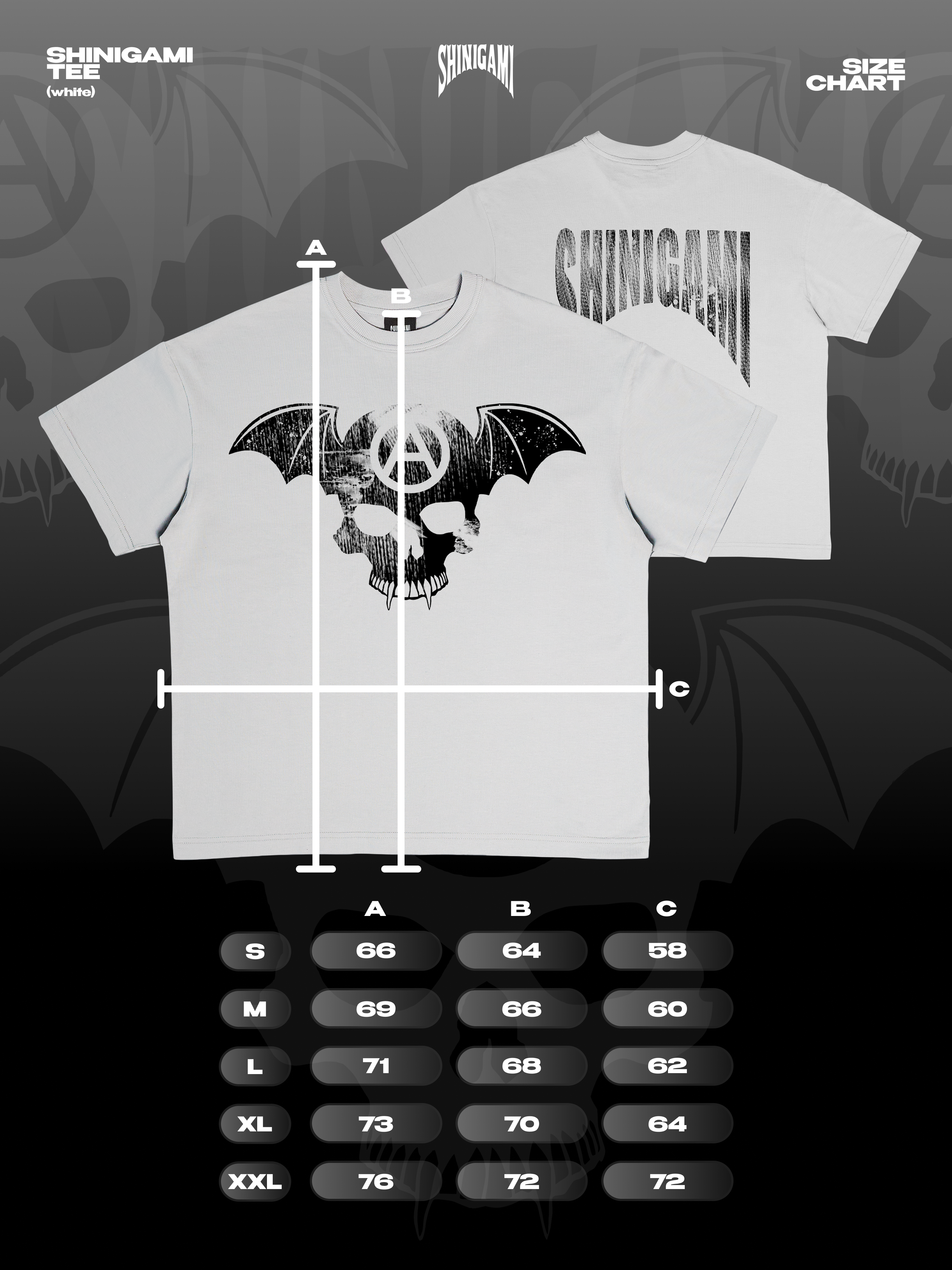 Shinigami Couture white bobby tee size chart 