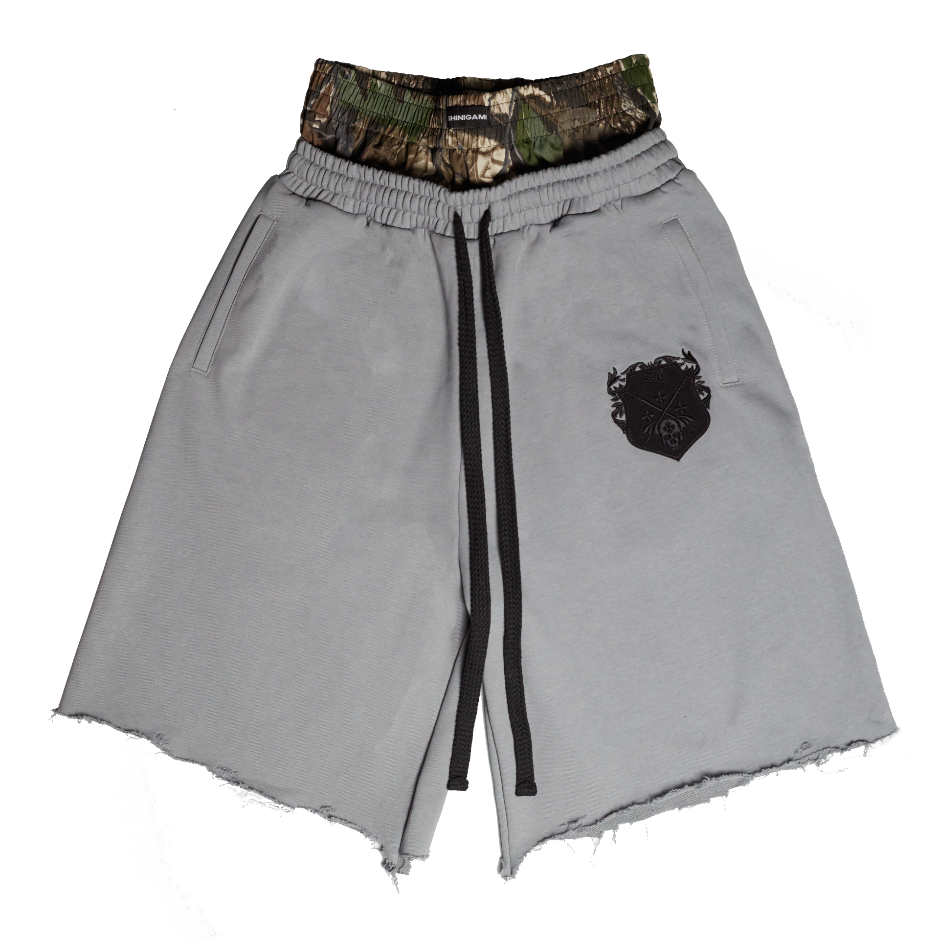 Shinigami Couture pre-order light gray coat of arms double-waisted shorts with camouflage waistband