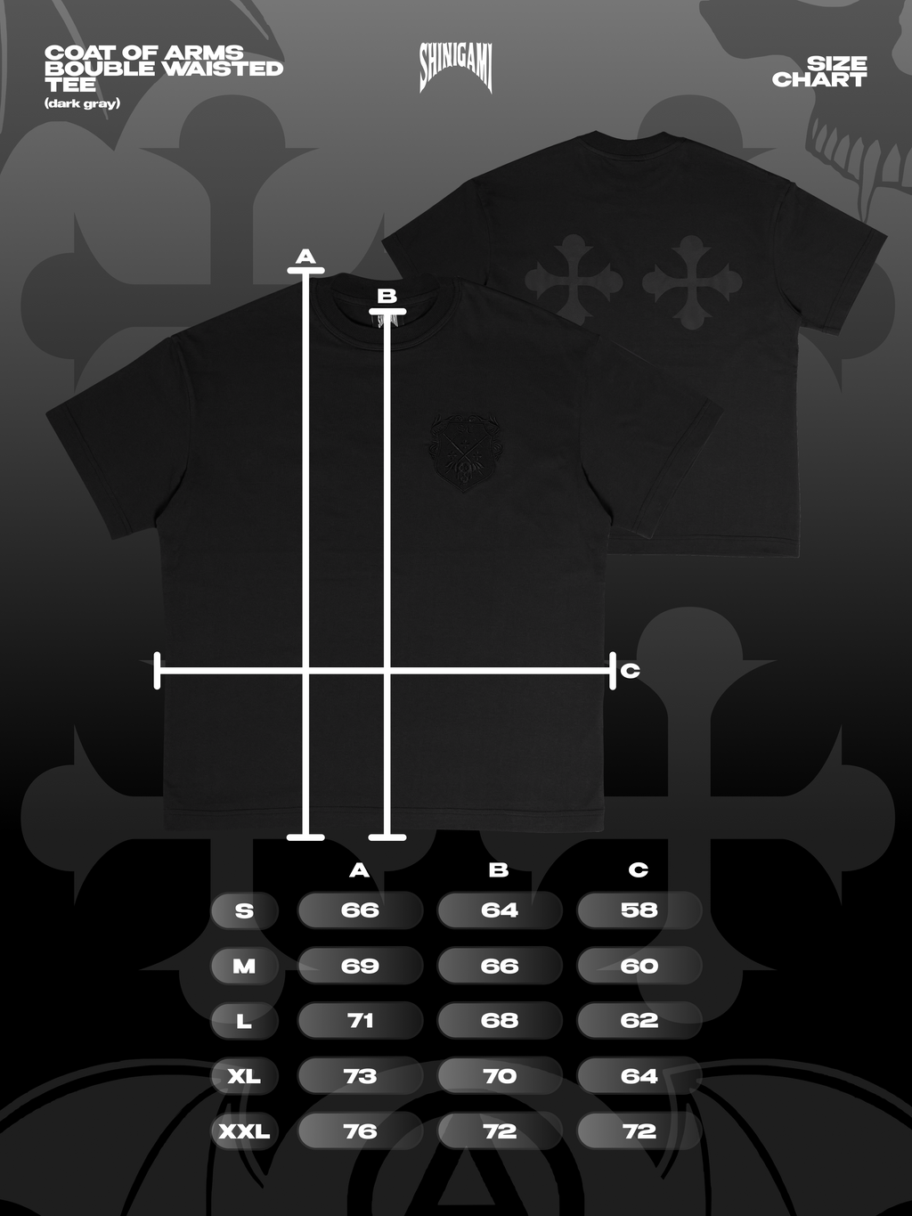 Shinigami Couture coat of arms tee size chart