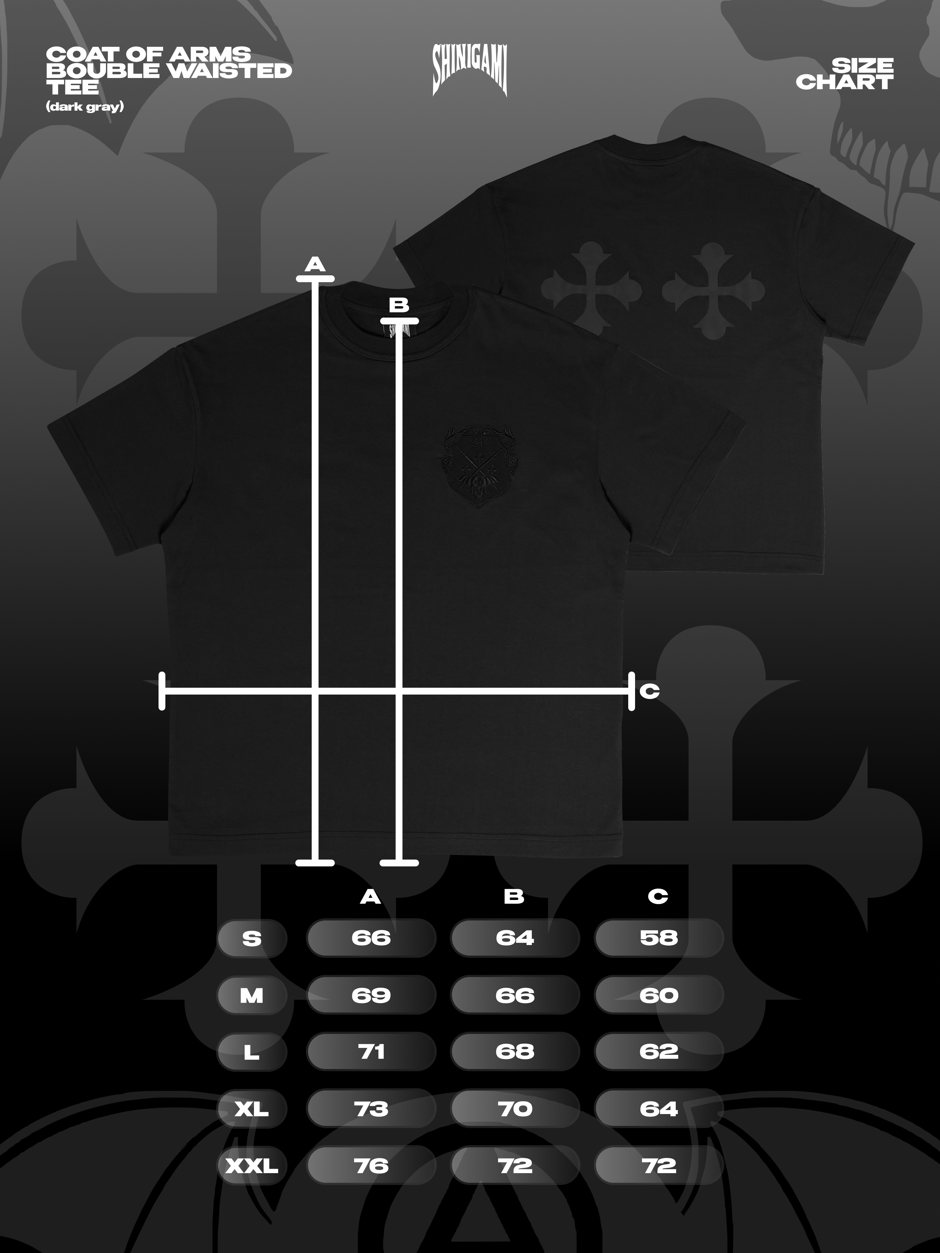 Shinigami Couture coat of arms tee size chart
