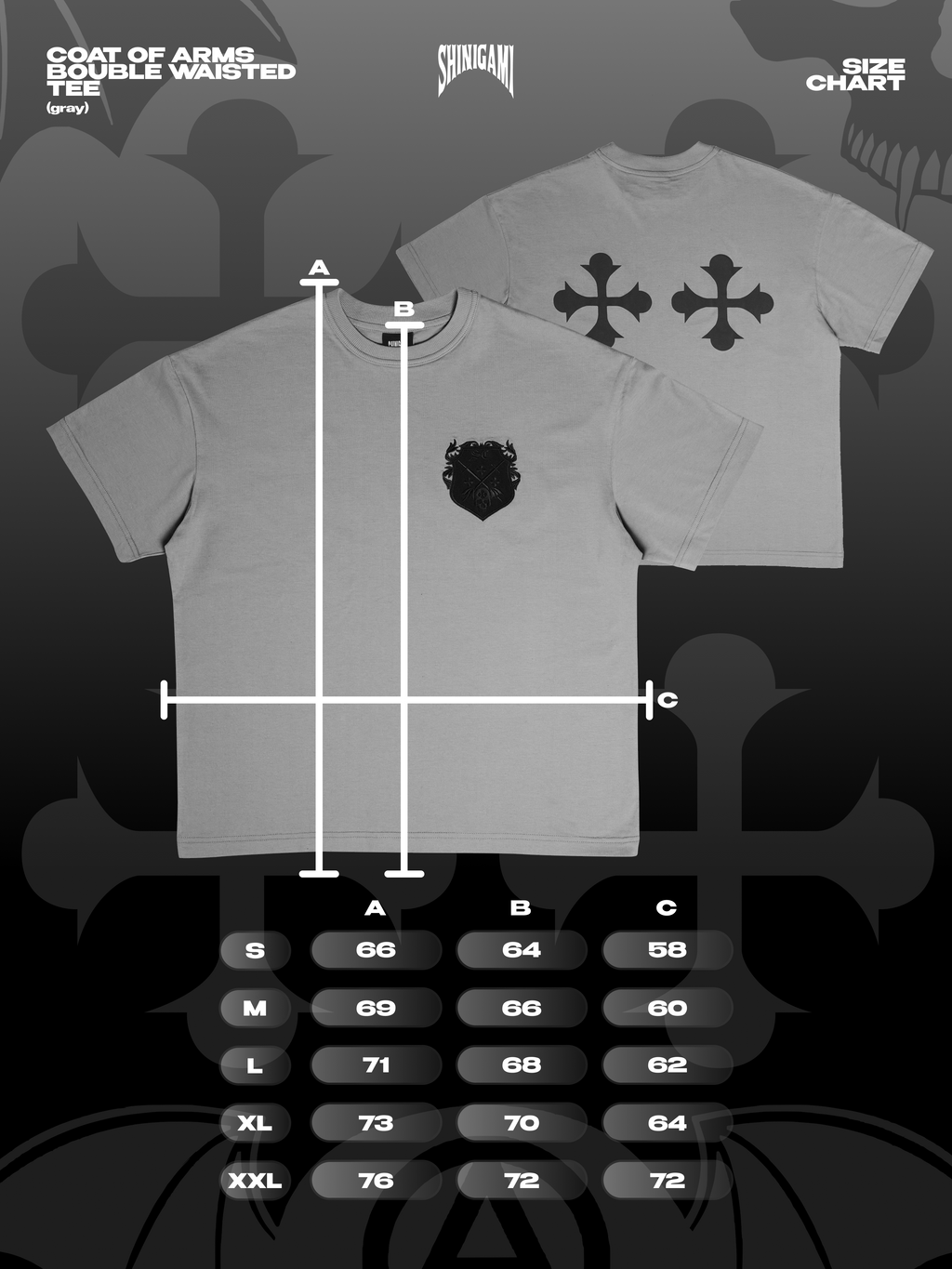 Shinigami Couture light gray coat of arms tee size chart 