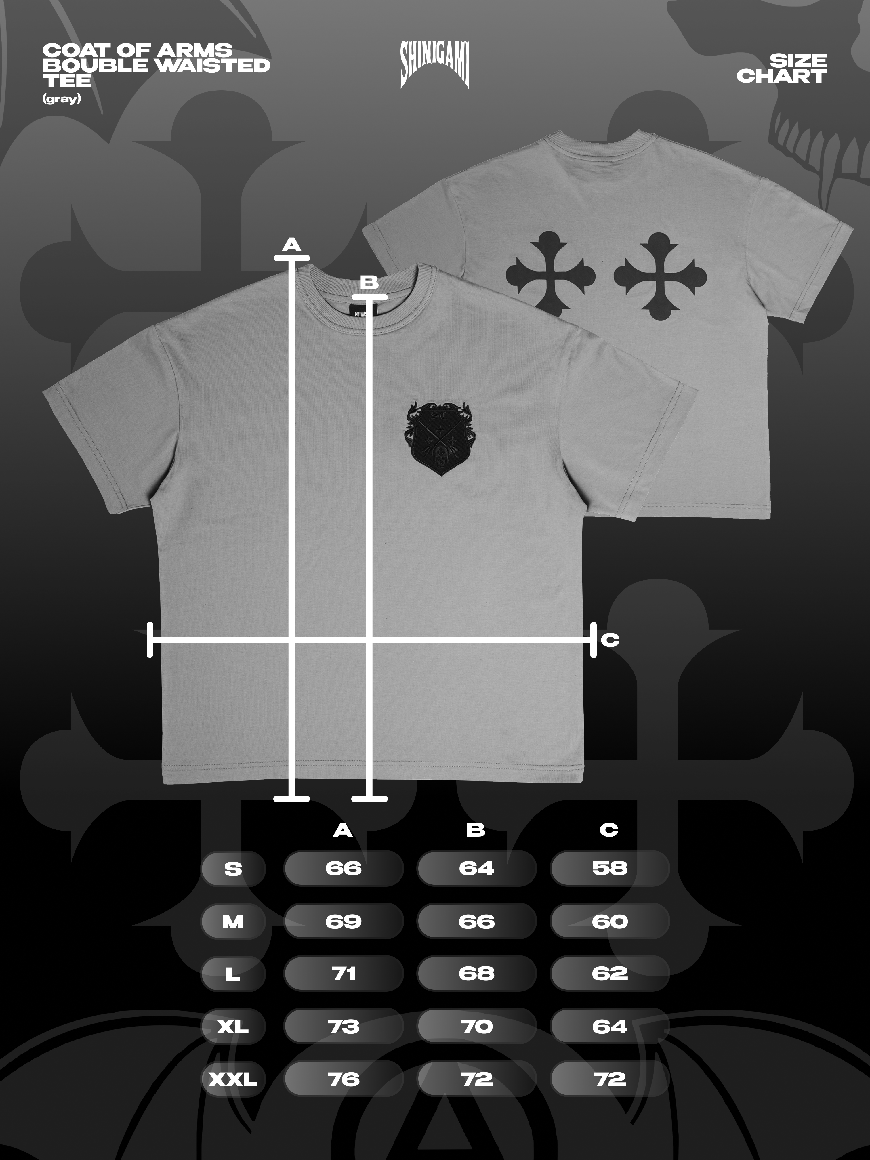 Shinigami Couture light gray coat of arms tee size chart 