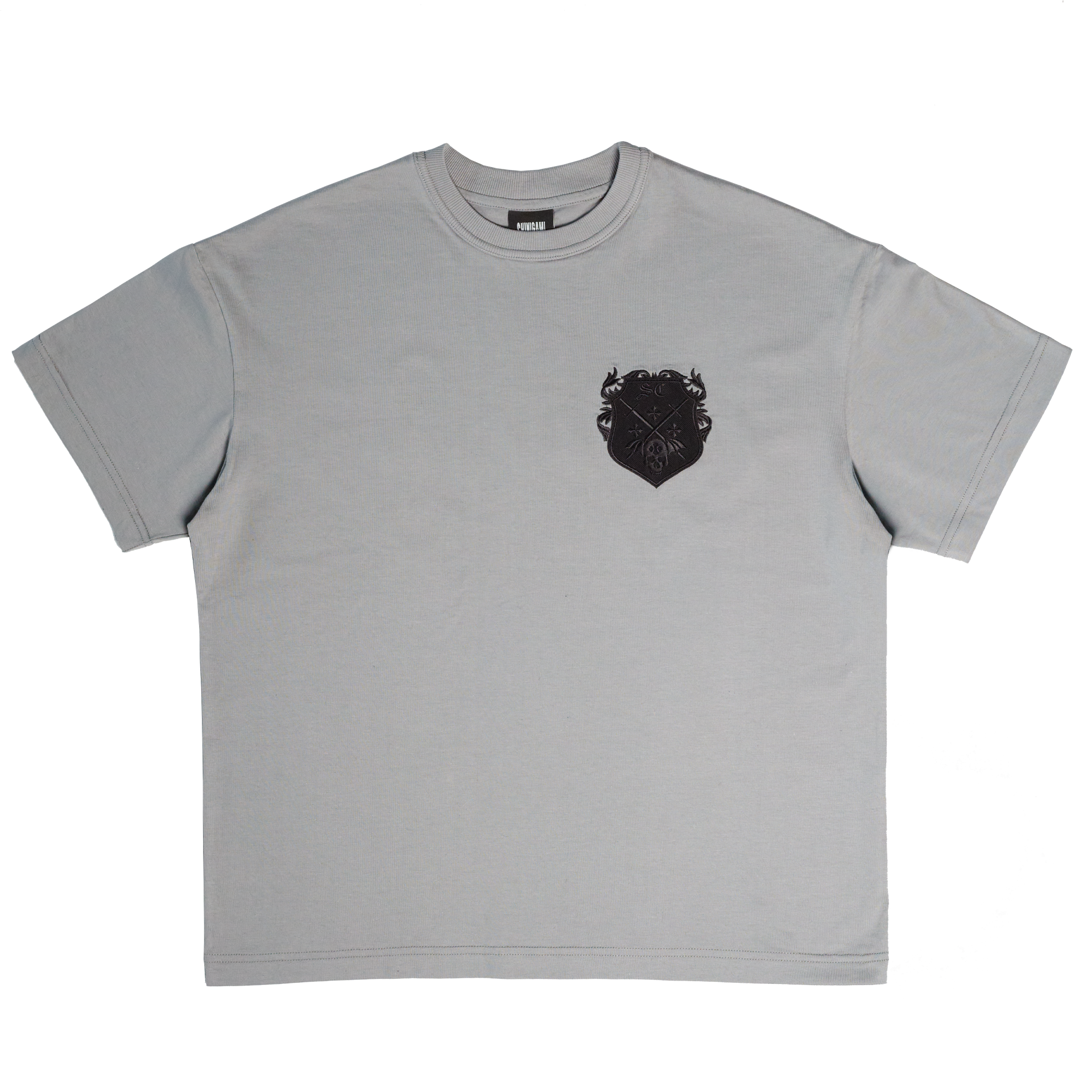 Shinigami Couture light gray coat of arms tee front view with chest embroidery