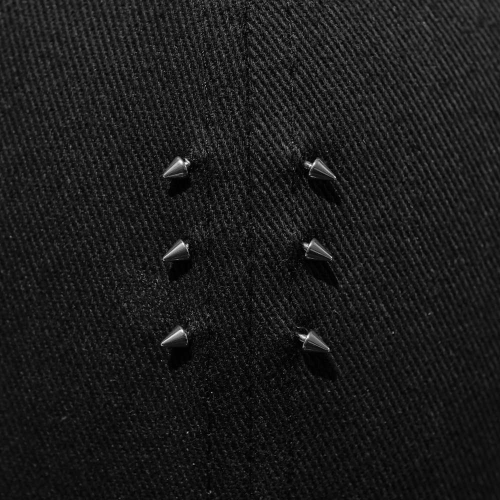 Shinigami Couture black cap front panel piercing and metal studs detail