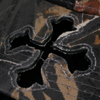 Shinigami Couture camo cap cross cut-through brim detail with frayed edges