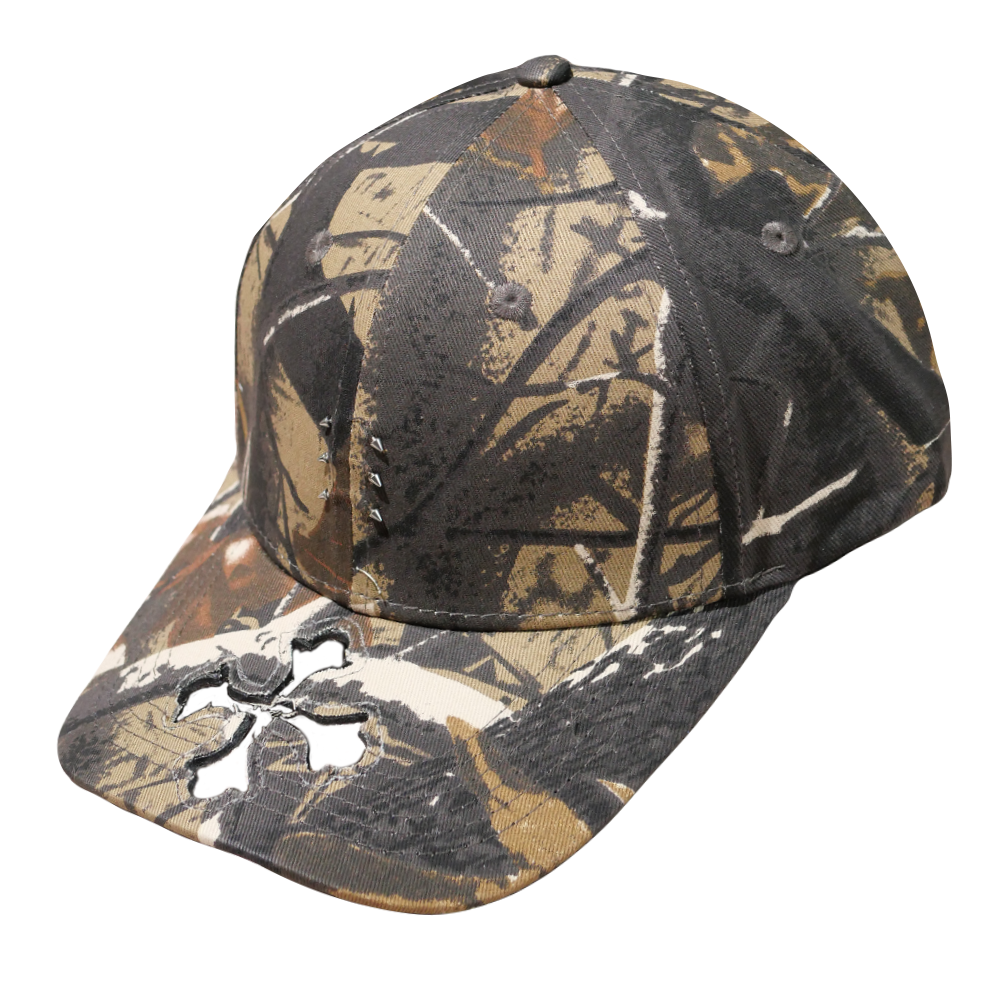 Shinigami Couture camouflage cap with cross-shaped brim cut-out