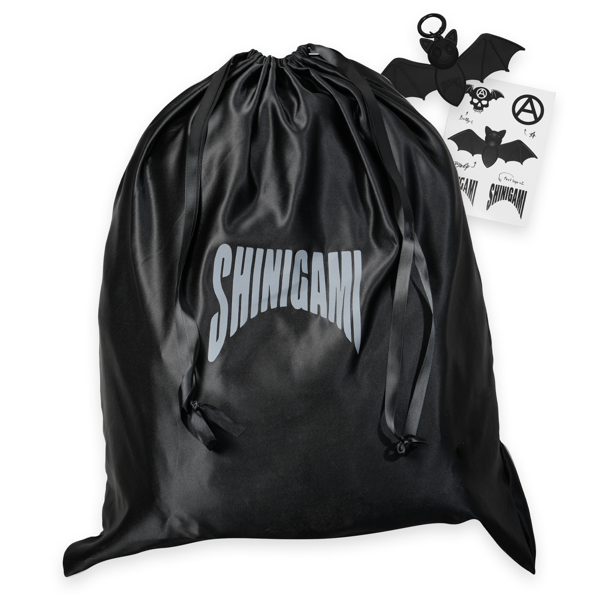 Shinigami Couture black embossed leather backpack with dust bag and bat keychain
