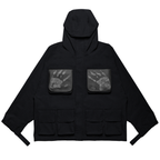 Shinigami Couture gray multi-pocket monogram windbreaker with ski mask hood and thermochromic pockets