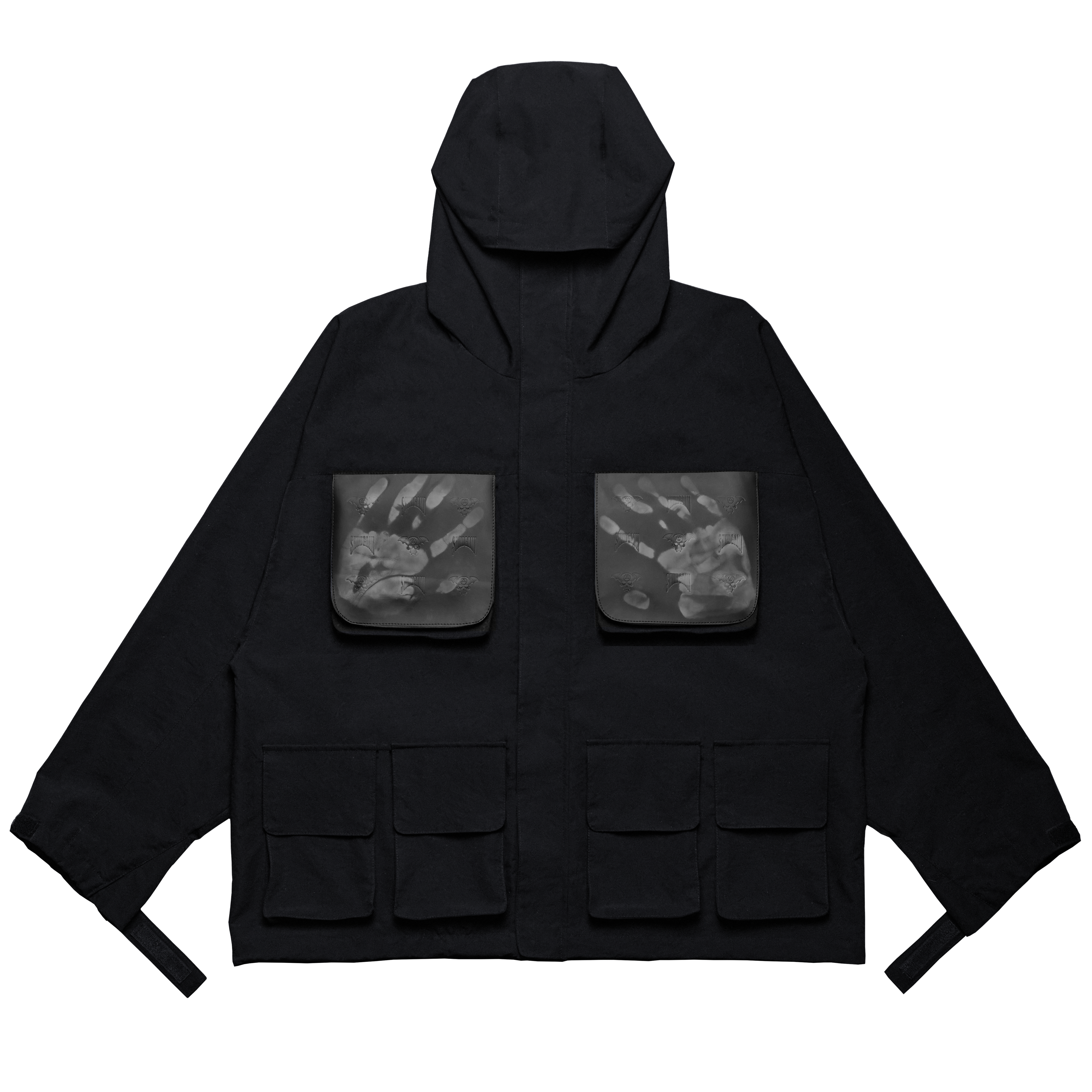Shinigami Couture gray multi-pocket monogram windbreaker with ski mask hood and thermochromic pockets