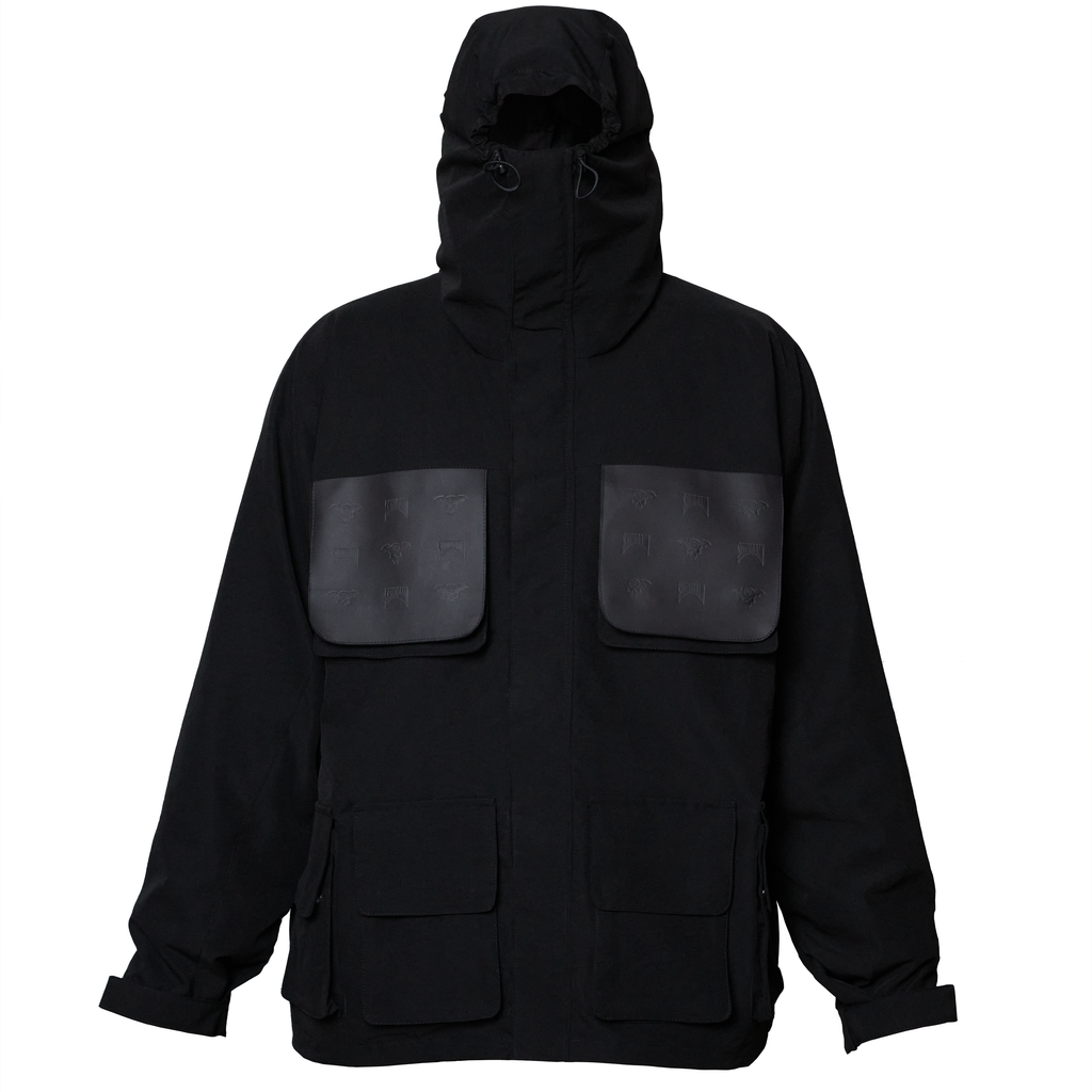 Person wearing Shinigami Couture gray multi-pocket windbreaker front view