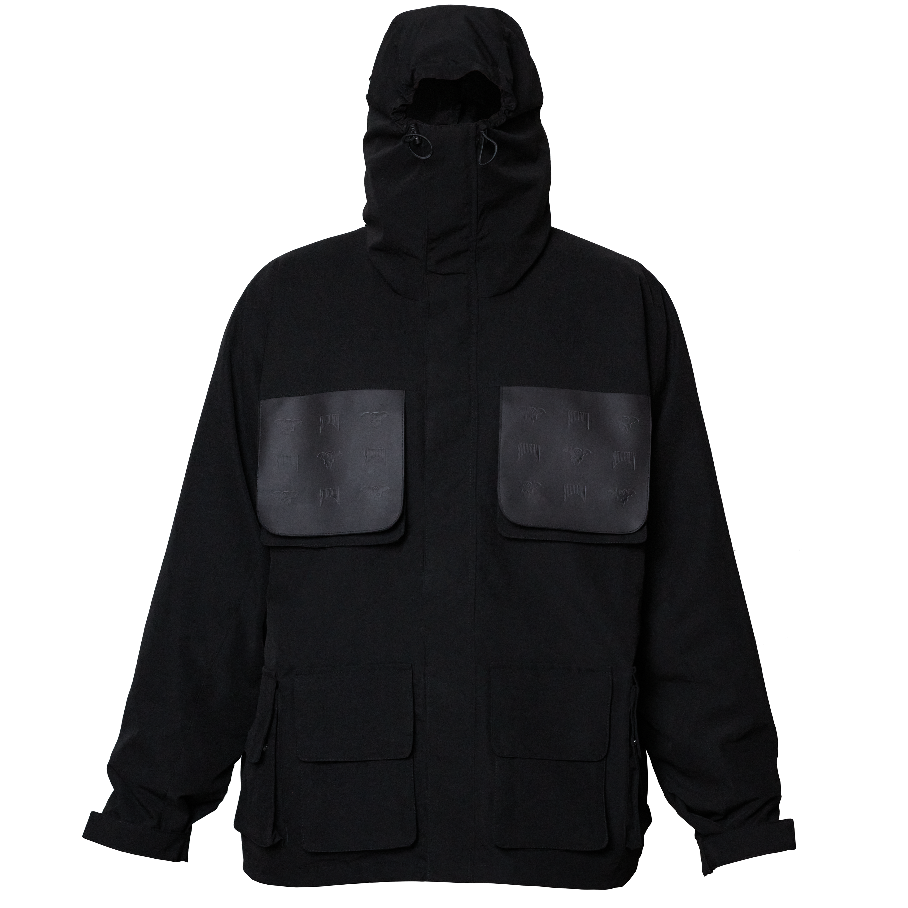 Person wearing Shinigami Couture gray multi-pocket windbreaker front view