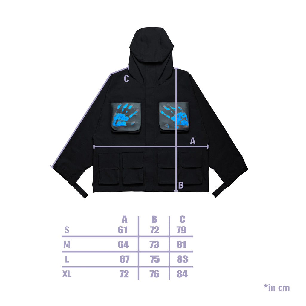 Shinigami Couture multi-pocket monogram windbreaker gray size chart and measurements