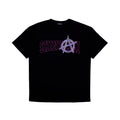 Shinigami Couture black oversized t-shirt with purple silkscreen and rhinestone anarchy branding front view
