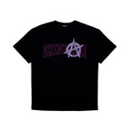 Shinigami Couture black oversized t-shirt with purple silkscreen and rhinestone anarchy branding front view