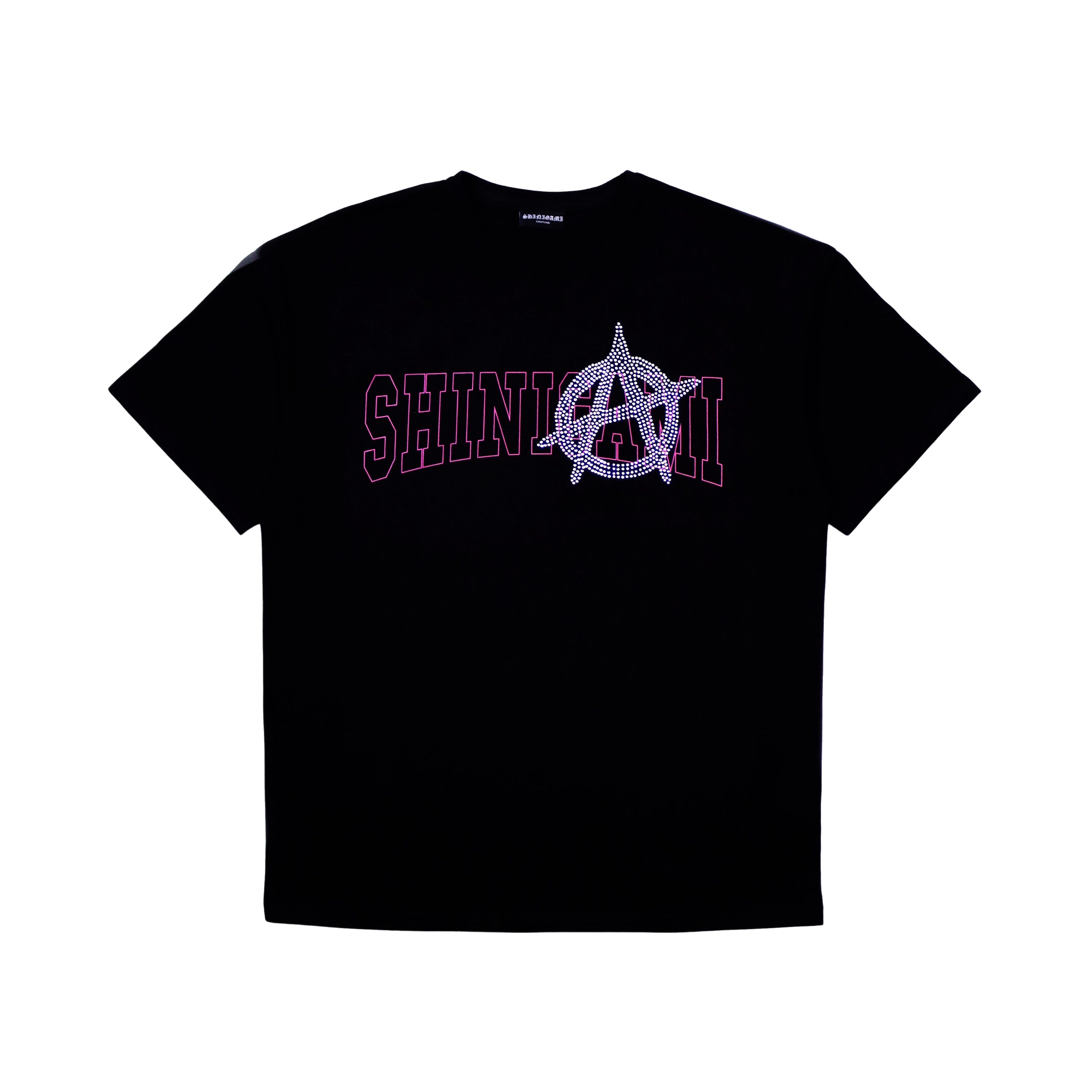 Shinigami Couture black oversized t-shirt with purple silkscreen and rhinestone anarchy branding front view