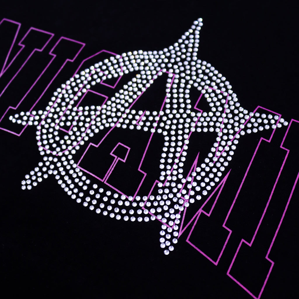 Close-up of Shinigami Couture rhinestone anarchy logo and silkscreen print detail