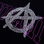 Close-up of Shinigami Couture rhinestone anarchy logo and silkscreen print detail