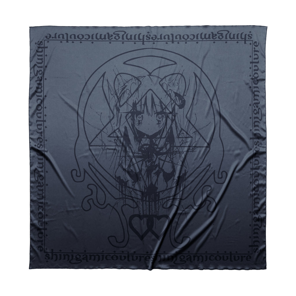 Shinigami Couture dark silk shawl with anime graphic design and geometric occult symbols