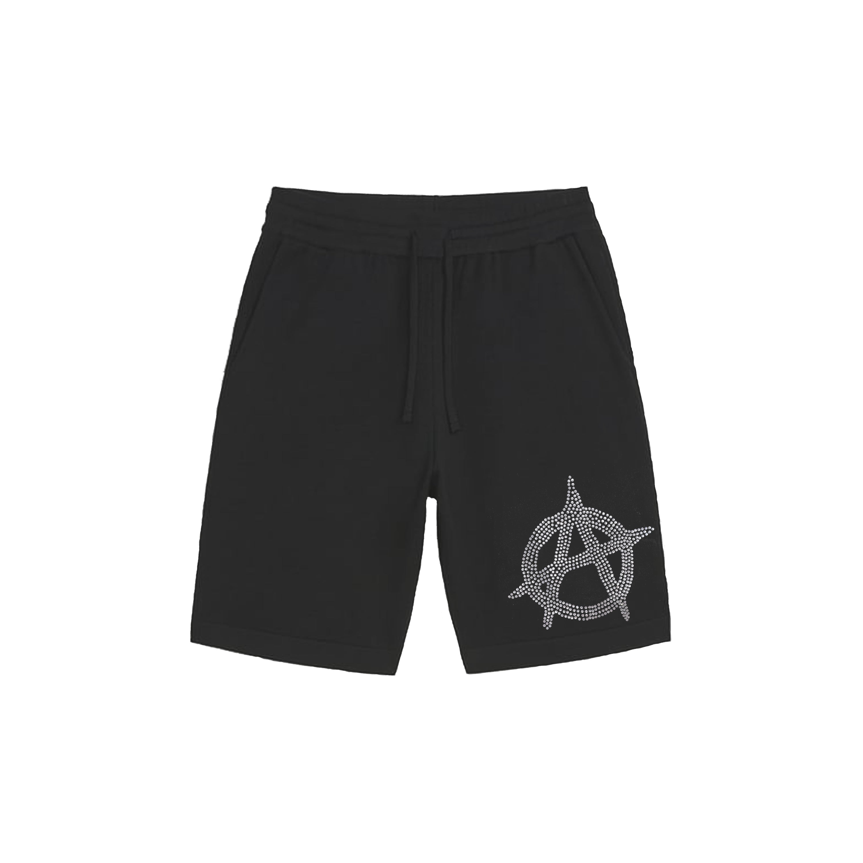 Shinigami Couture black shorts with rhinestone anarchy symbol front view